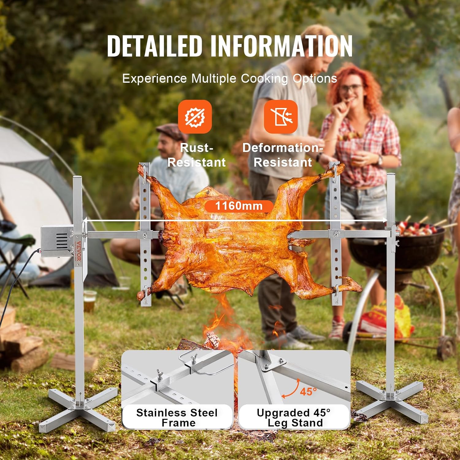 VEVOR Electric BBQ Rotisserie Grill Kit, 50 Inch 132 lbs Capacity, Automatic 52W Motor Height Adjustable Universal Roaster Stand, Stainless Steel Grilling Kit, Spit Rod with Heat Shield for Pig Lamb