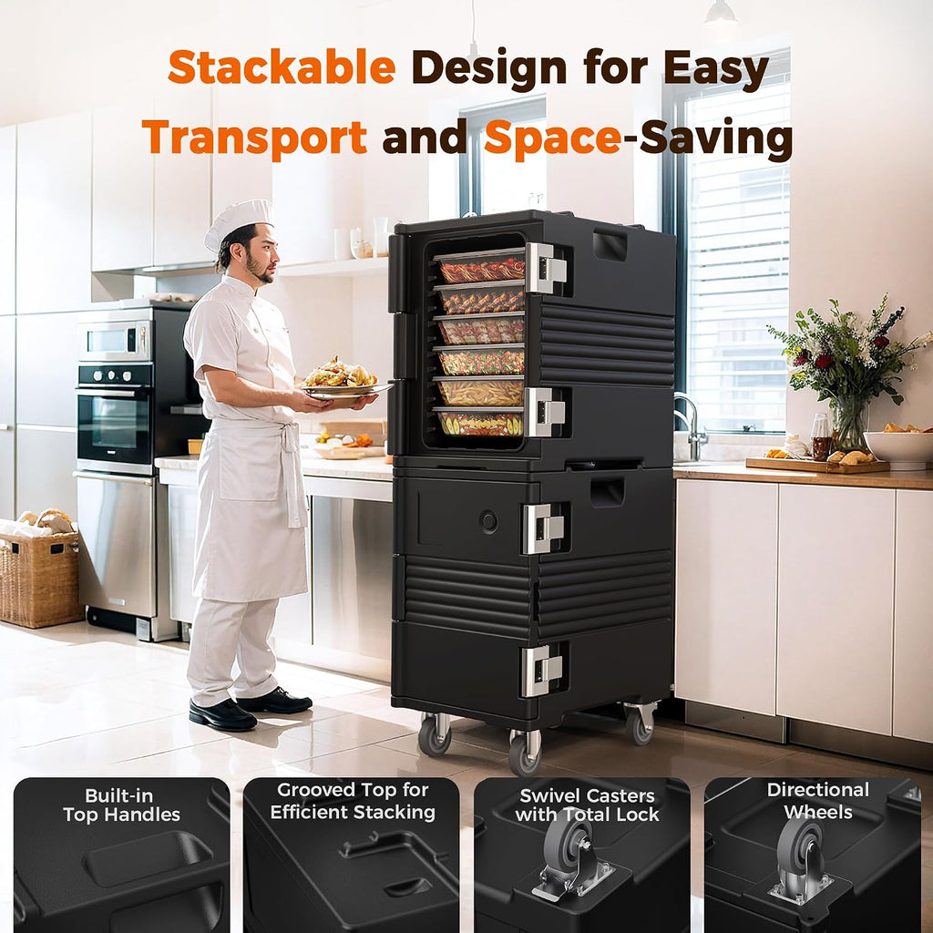 CAMMOO 95QT Non-Electrical Catering Food Warmers with Swivel Casters, 304 Stainless Steel Latch, Insulated Food Carrier for 6 Full-Size Pans(NOT INCLUDED), Food Warmer Hot Boxes for Catering BBQ Event