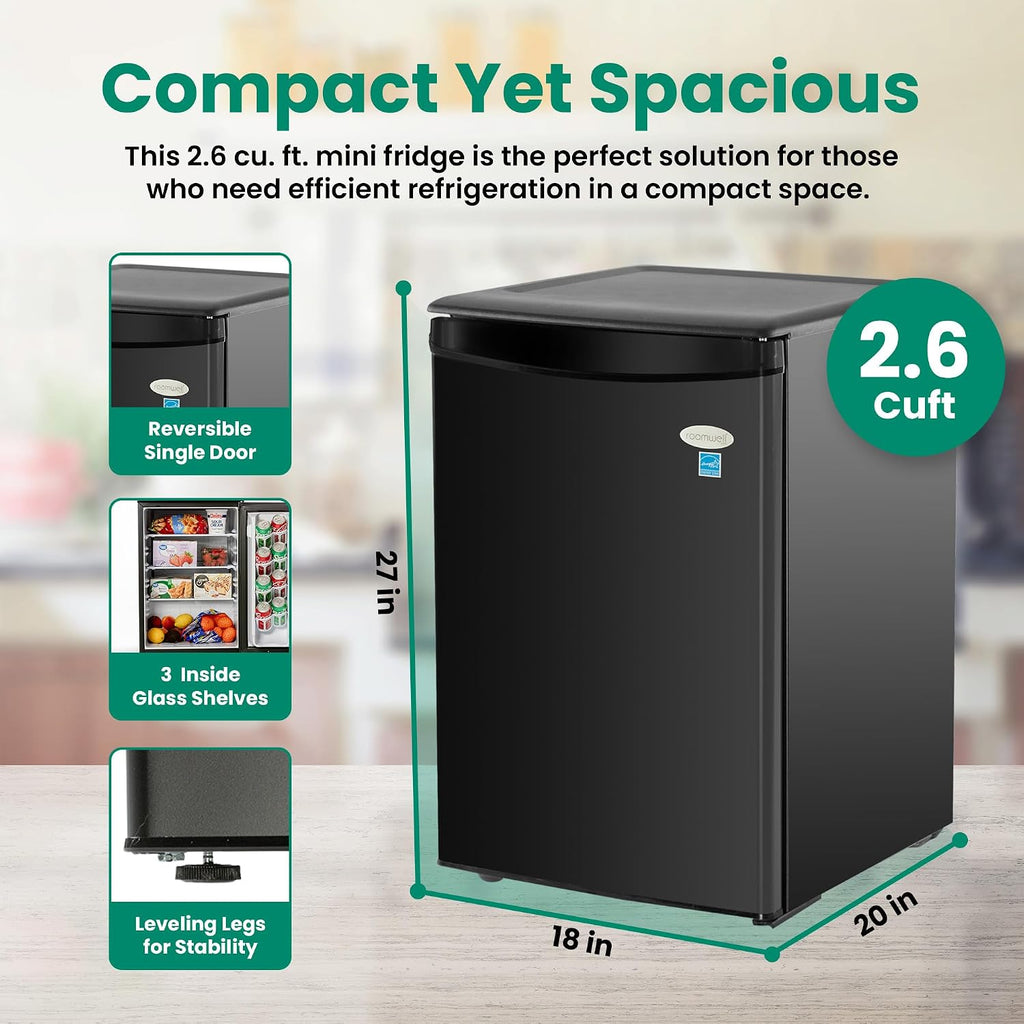 roomwell E-Star 2.6 Cu Ft Mini Fridge without Freezer - Black Mini Fridge AUTO DEFROST, Reversible Single Door, Glass Shelf Refrigerator - A Space-Saving Marvel for Your Bedroom, Dorm, and Office