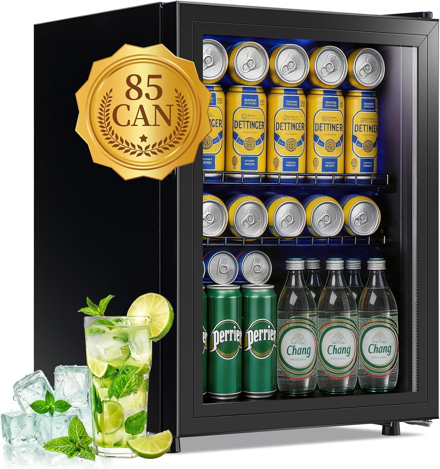 WANAI Beverage Refrigerator Cooler 2.6 Cu.Ft, 85 Can Mini Small Fridge with Glass Door LED Light and Adjustable Shelves for Soda Beer or Wine, Perfect for Home Bar Office, Black