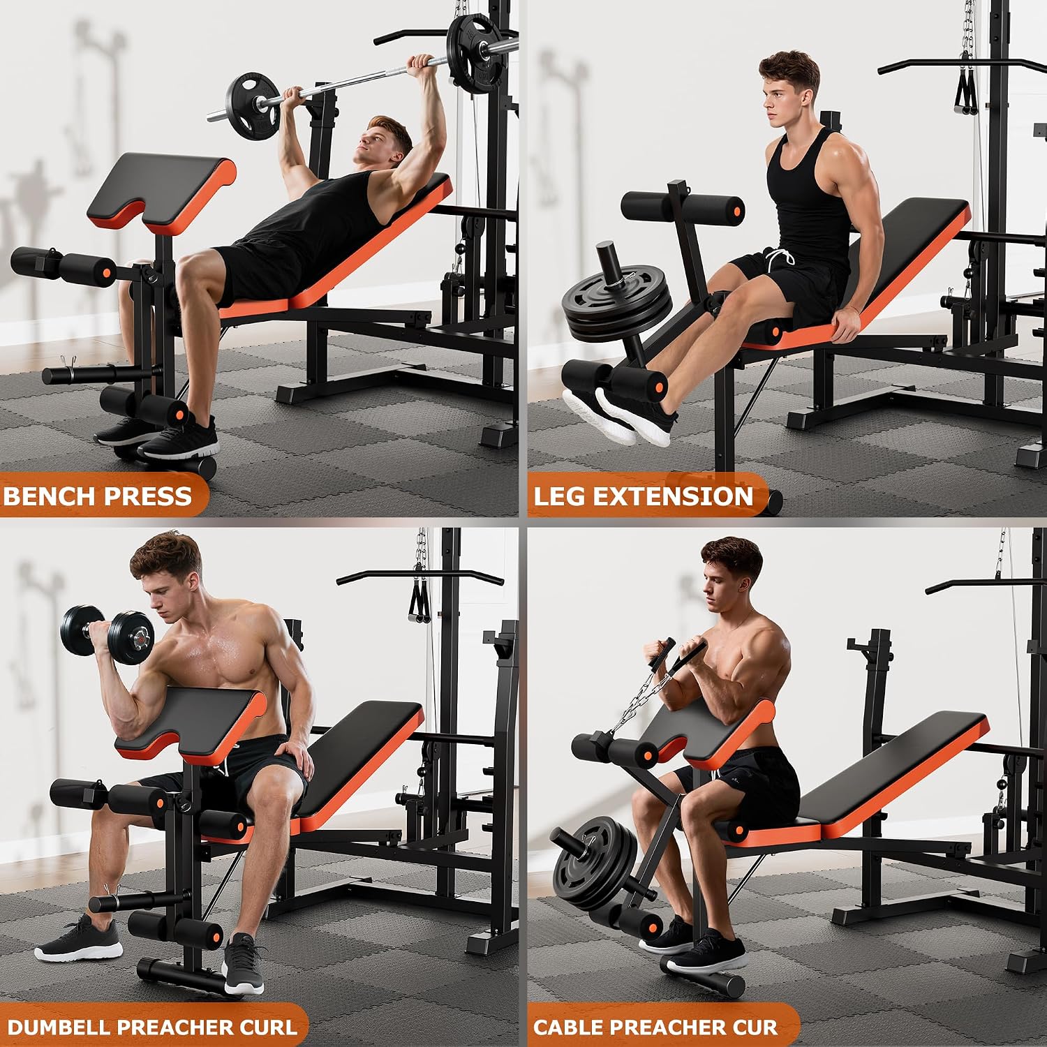 9-in-1 Adjustable Olympic Weight Bench with Lat Pulldown, Row, Squat Rack & Leg Curl – Multi-Function Strength Training Bench Press for Home Gym Full Body Workout