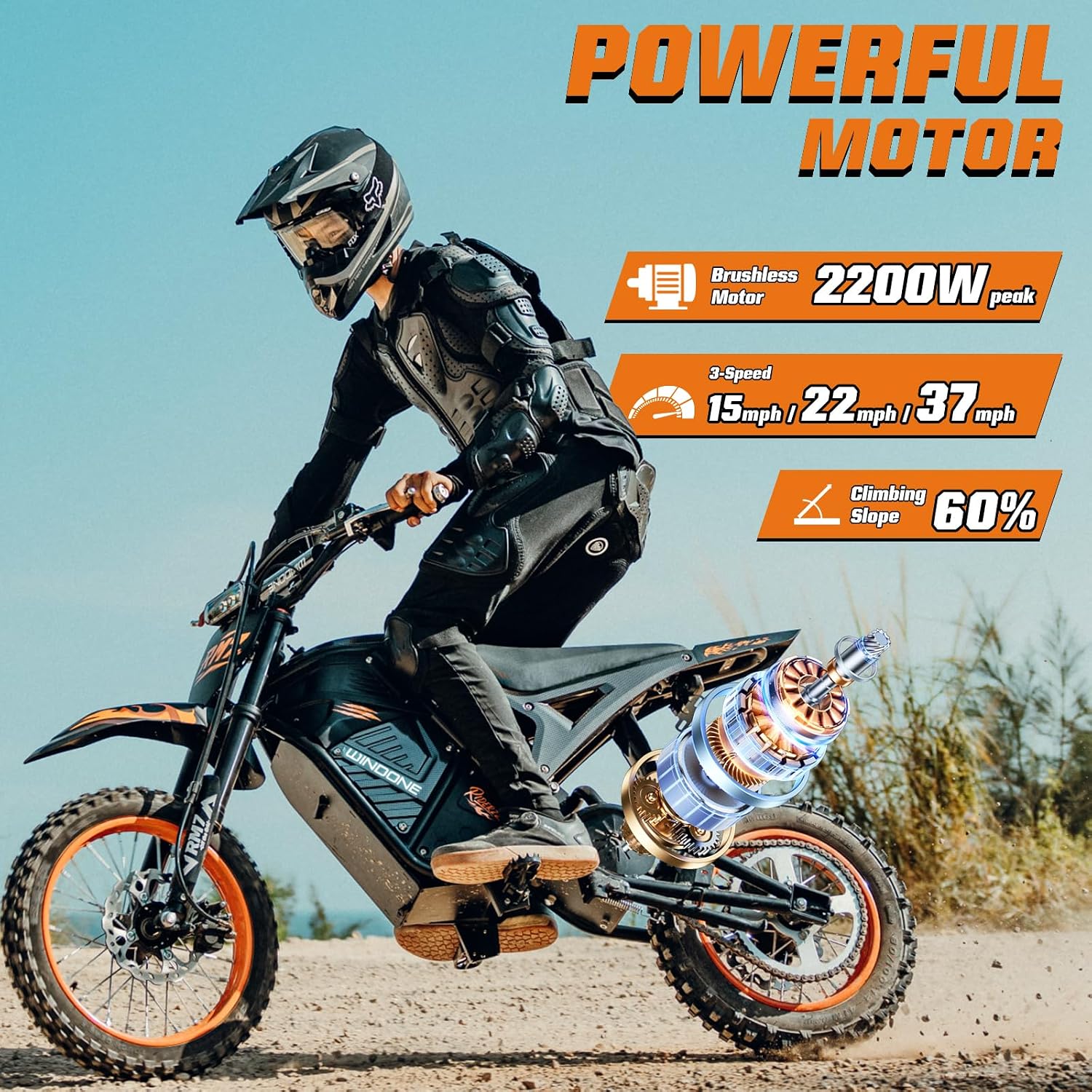 Windone RM7 Electric Dirt Bike for Teens & Adults, 48V 22.5Ah, 37MPH & 45-Mile Electric Motorcycle, 2200W Ebike, 14'/12' Off-Road Tire E-Bike, Dual Hydraulic Brakes, Full Suspension, Fit Age 13+
