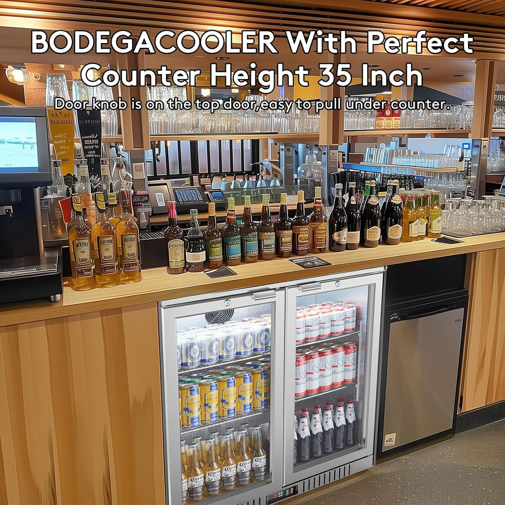BODEGA BODEGACOOLER Back Bar Cooler With 2 Glass Doors,7.4 Cu.Ft Stainless Steel Commercial Back Bar Fridgewith LED Lighting, Counter Height Bar Beverage Cooler for Beer,Soda Drinks,Wine