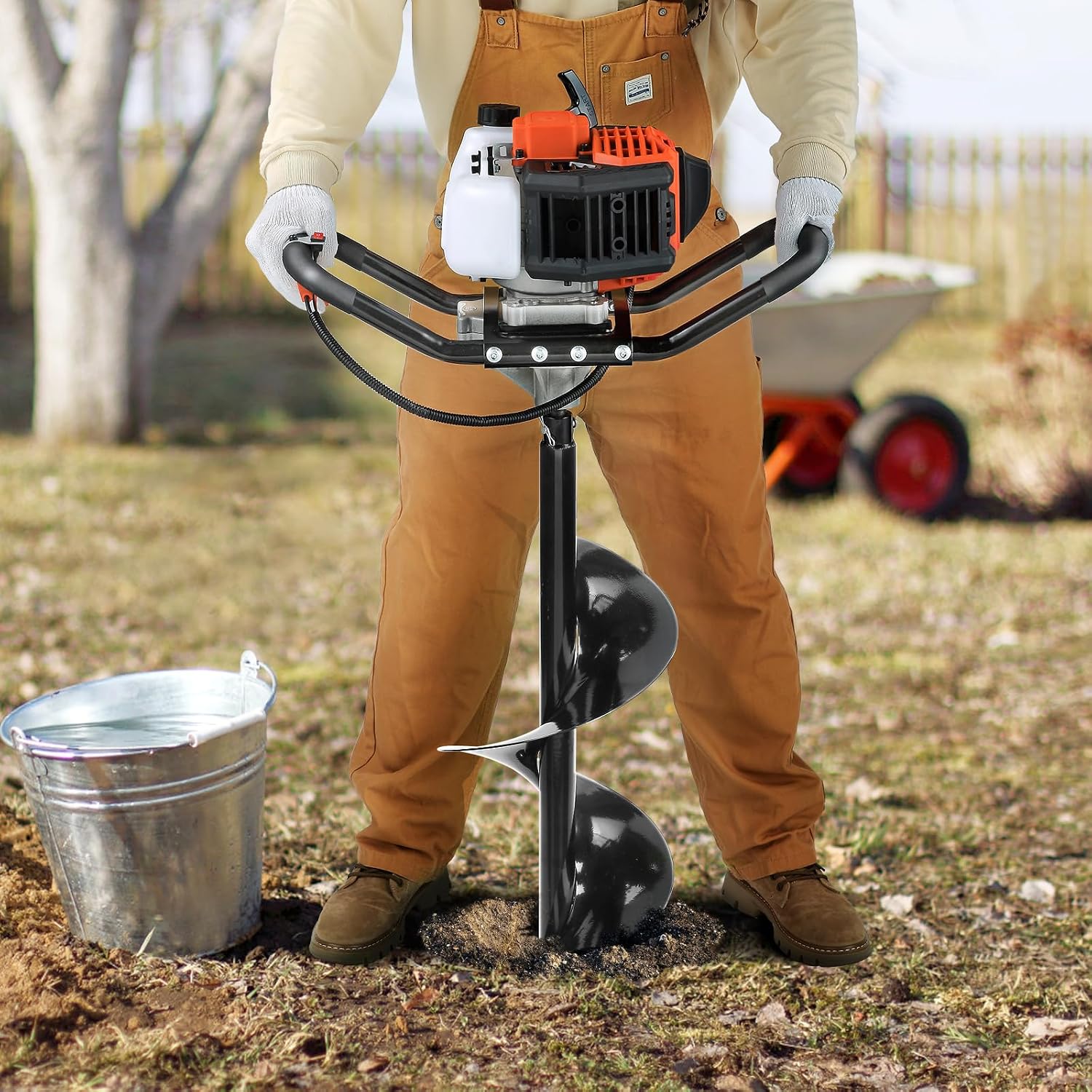 VEVOR Post Hole Digger,52cc 1450W Auger Digger,Gas Powered Earth Digger with Two Drill Bit 6''& 10''and 3 Extension Rods,for Farmland,Garden and Plant,EPA Certification,Black+Orange+White