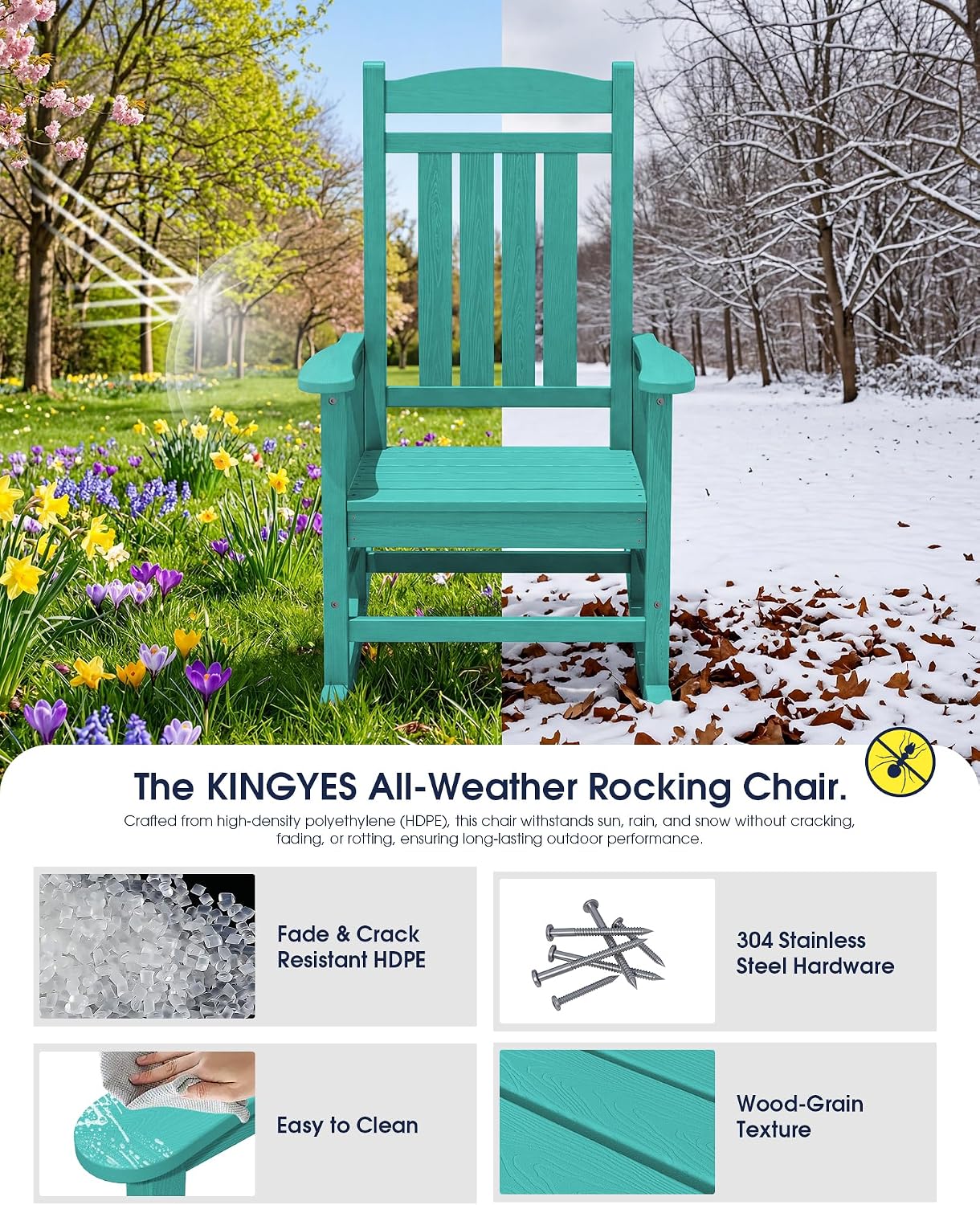 KINGYES Oversized Outdoor Rocking Chair Set of 2, High Density Polyethylene Patio Rocking Chairs with 350lbs Support for Adults, Aruba Blue
