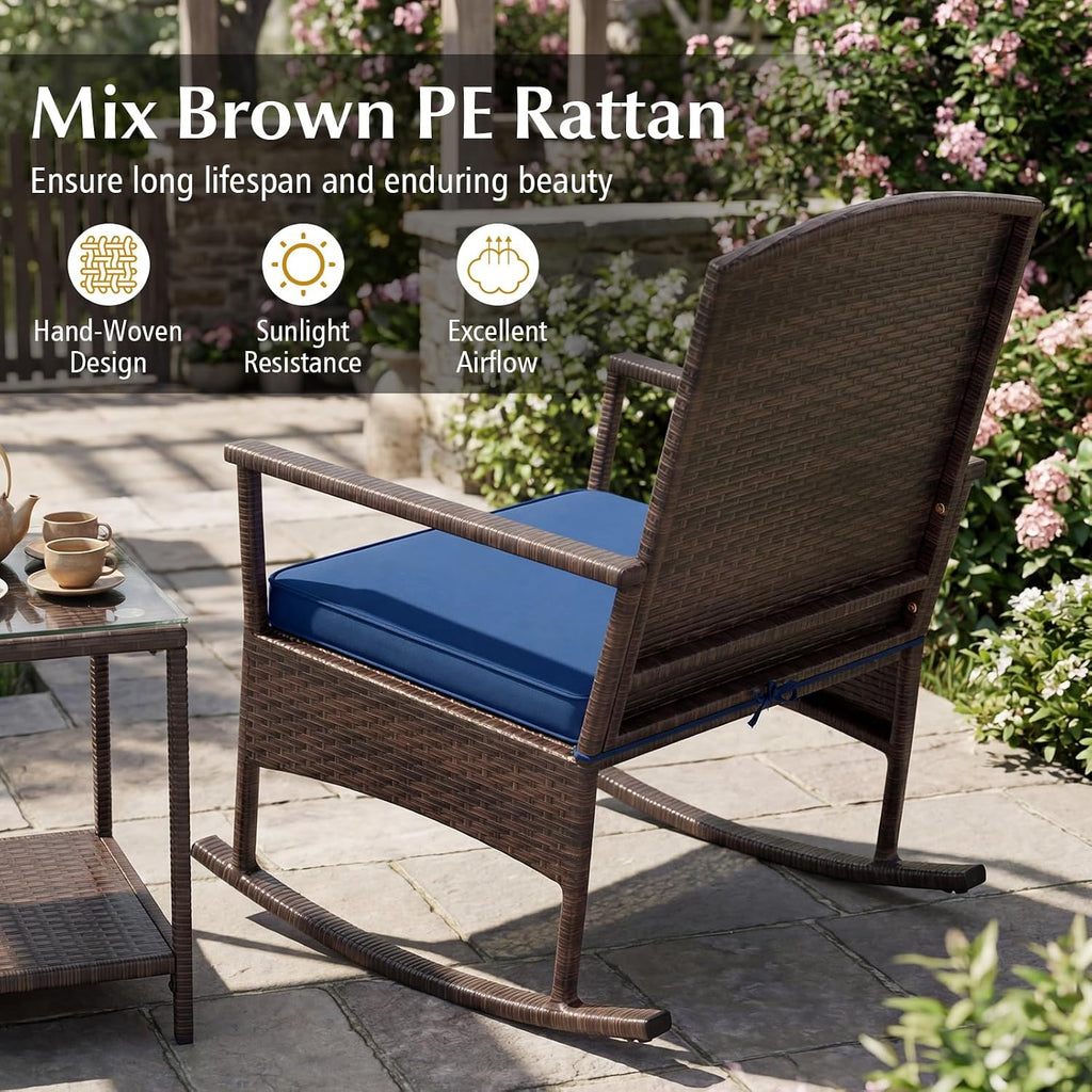 Tangkula 3 Pieces Rocking Wicker Bistro Set, Outdoor Front Porch Rocker Chairs Conversation Set with 2-Tier Tempered Glass Coffee Table and Thick Cushions for Garden, Balcony, Poolside (Navy)