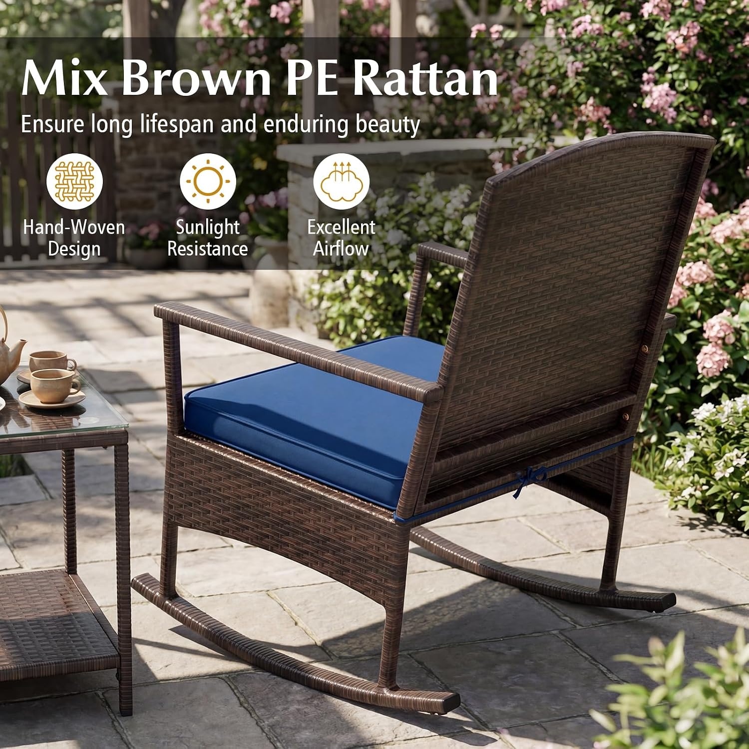 Tangkula 3 Pieces Rocking Wicker Bistro Set, Outdoor Front Porch Rocker Chairs Conversation Set with 2-Tier Tempered Glass Coffee Table and Thick Cushions for Garden, Balcony, Poolside (Navy)