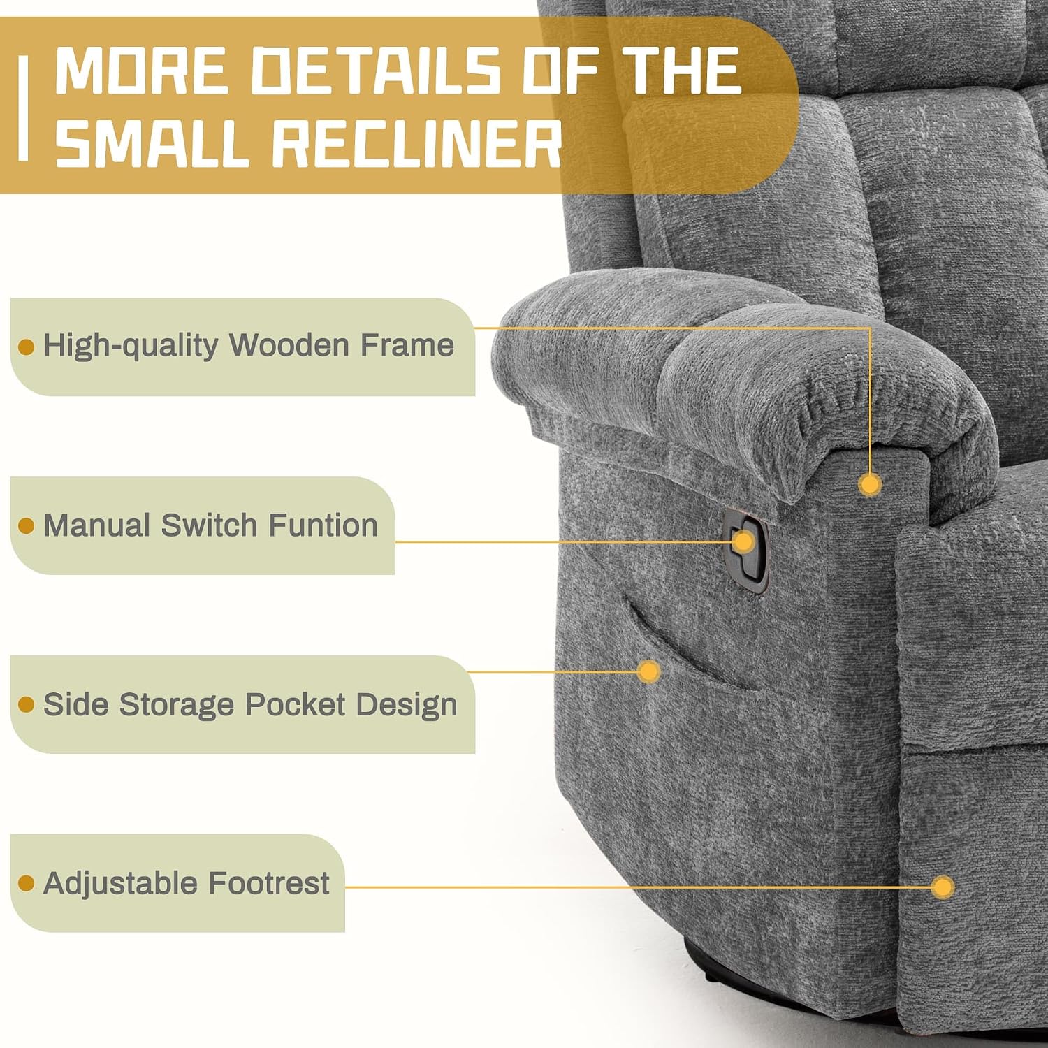 Korser Recliner Chair, Swivel Rocker Recliner Chair for Adults, Small Recliners for Small Spaces, Manual Recliner with Side Pockets, Upholstered Nursery Rocking Chair for Living Room, Chenille, Grey