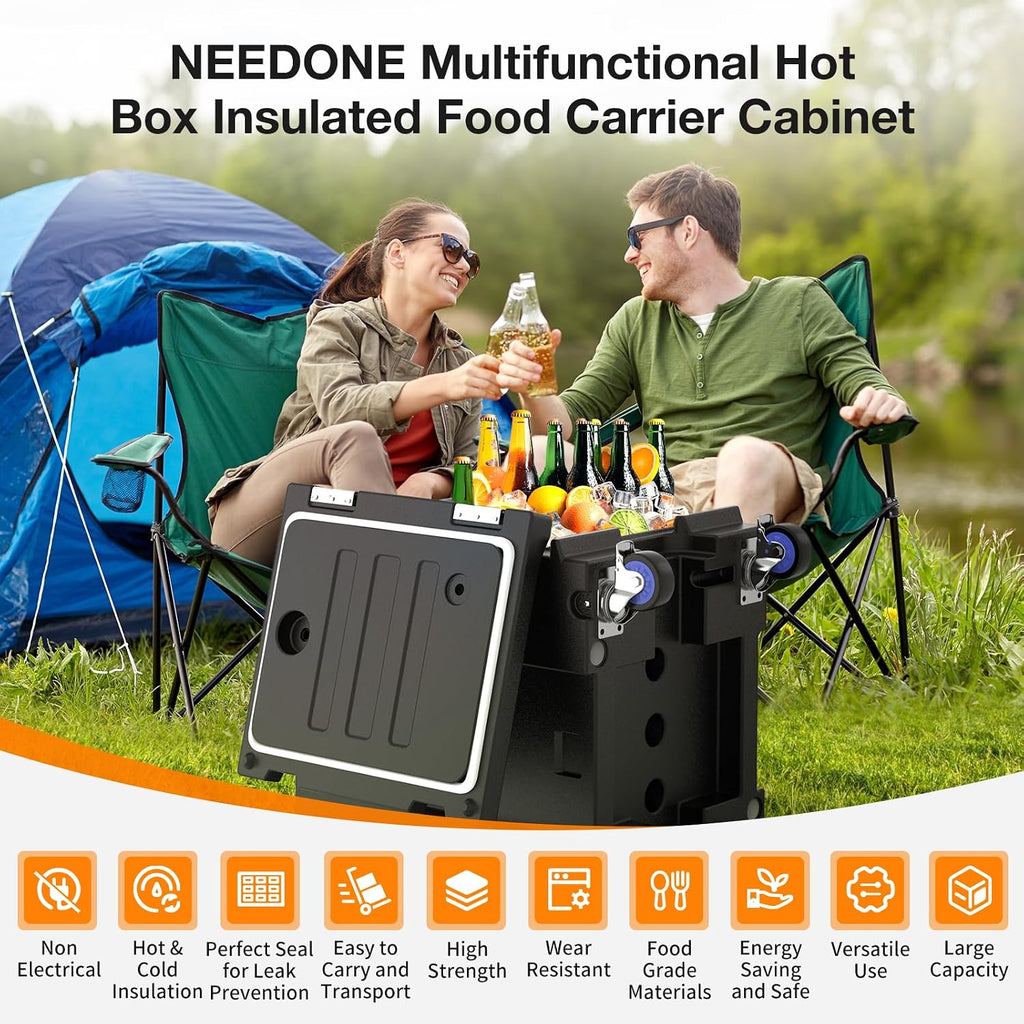 NEEDONE Food Warmer, 81 Qt LLDPE Insulated Food Pan Carrier for Hot/Cold Food, w/Double Buckles, Lockable Wheels, Handles, Stackable Design, Commercial Thermal Hot Box for 5 Full-Size Pans