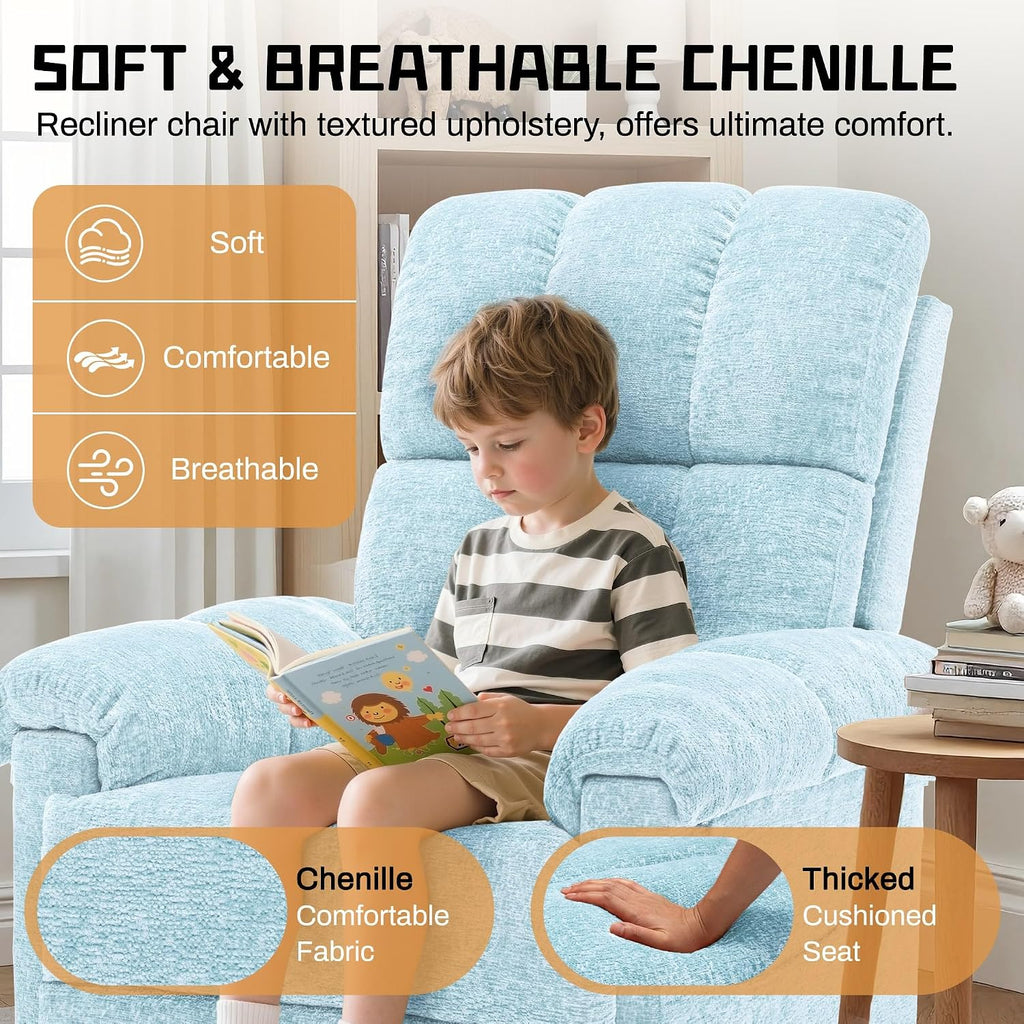Korser Recliner Chair, Swivel Rocker Recliner Chair for Adults, Small Recliners for Small Spaces, Manual Recliner with Side Pockets, Upholstered Nursery Rocking Chair for Living Room, Chenille, Blue