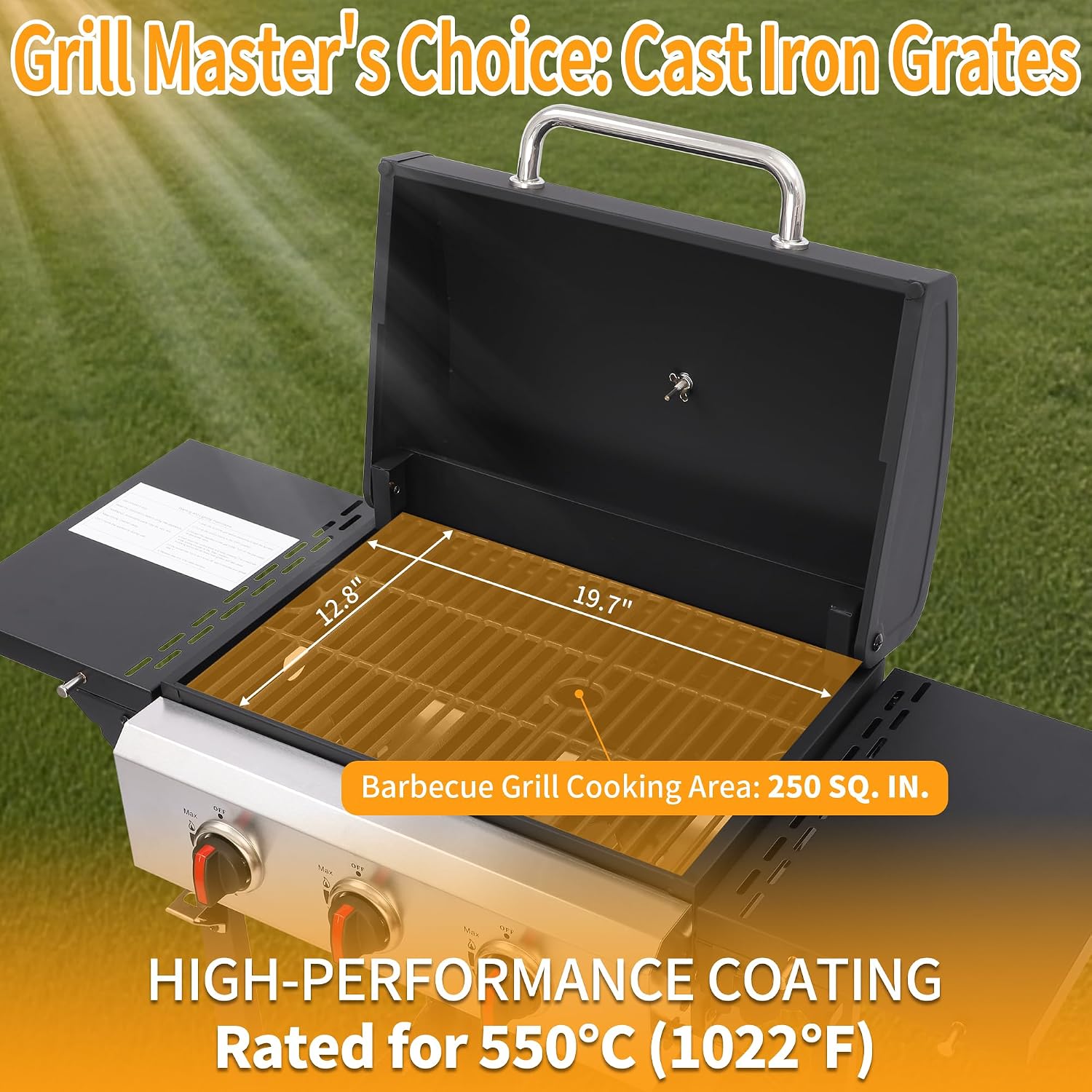 3-Burner Propane Gas Grill with Cast Iron Grates, 252 Sq. In. BBQ Grilling Space, Foldable Side Shelves for Portable Outdoor Patio Camping, Black