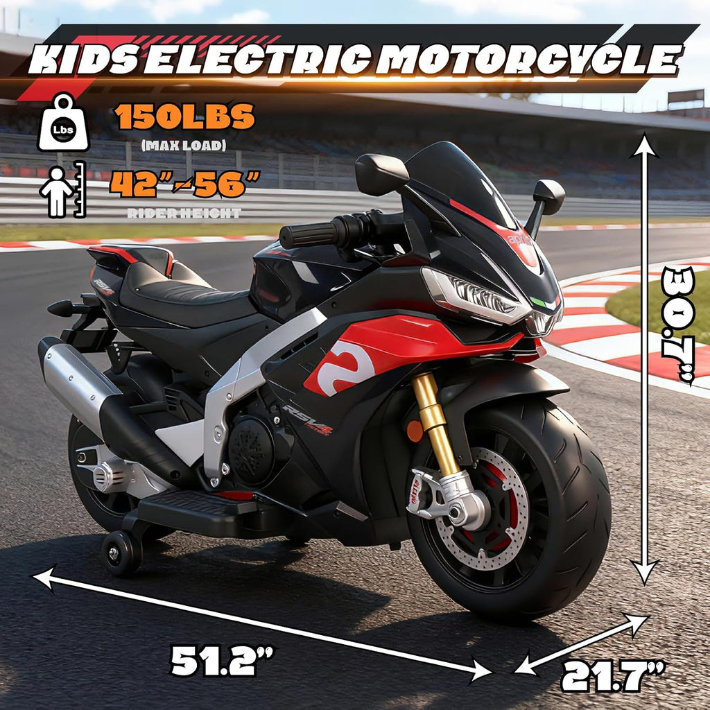 HEIMILI 24V Kids Motorcycle, Aprilia RSV4 Licensed Electric Ride on for 3-6 Years, 51' Large Motorbike with Training Wheels, Bluetooth, Speed 5mph, (Black, 24V(51 * 31 * 22))