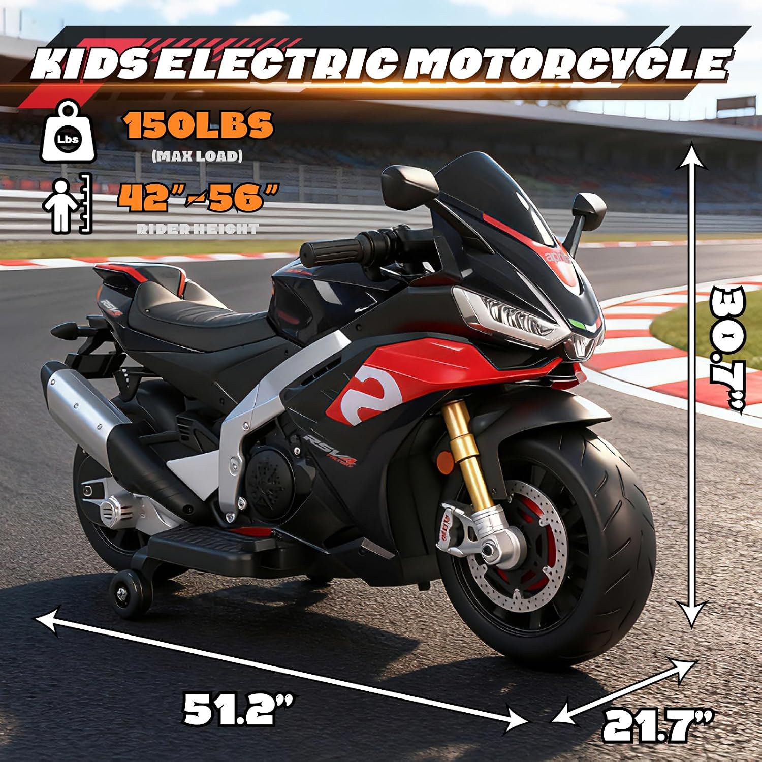 HEIMILI 24V Kids Motorcycle, Aprilia RSV4 Licensed Electric Ride on for 3-6 Years, 51' Large Motorbike with Training Wheels, Bluetooth, Speed 5mph, (Black, 24V(51 * 31 * 22))
