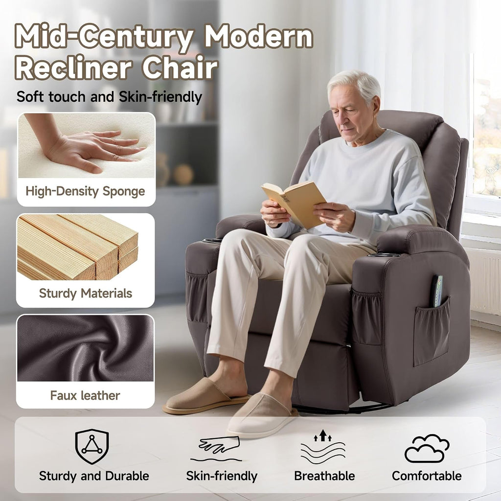 Korser Recliner Chair, Rocker Recliner Chair with Massage and Heat, Manual Recliner Chairs for Adults, 360° Swivel Rocker Recliner with Remote Control and Cup Holder for Living Room, Nursery