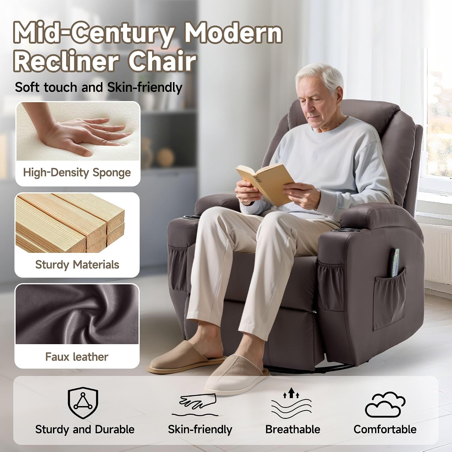 Korser Recliner Chair, Rocker Recliner Chair with Massage and Heat, Manual Recliner Chairs for Adults, 360° Swivel Rocker Recliner with Remote Control and Cup Holder for Living Room, Nursery