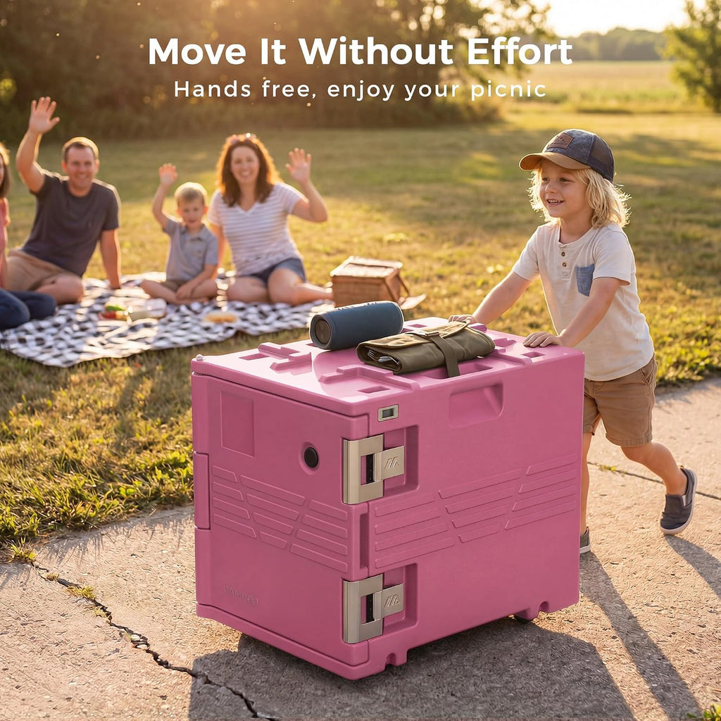 CAMMOO Pink 82QT Non-Electric Hot Box Food Warmer with Wheels, 304 Stainless Steel Latch, Insulated Food Carrier for 5 Full-Size Pans(NOT Included), Food Warmer Box Hot Boxes for Catering