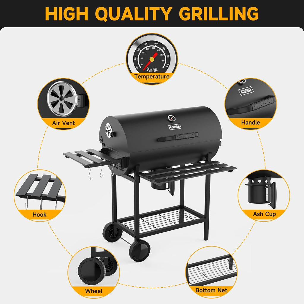 29' Barrel Charcoal Grill, Spacious Smoker Barrel Barbecue Grill with Side Front Table, Outdoor Barbecue Grills for Backyard, Camping, and Picnics, Black