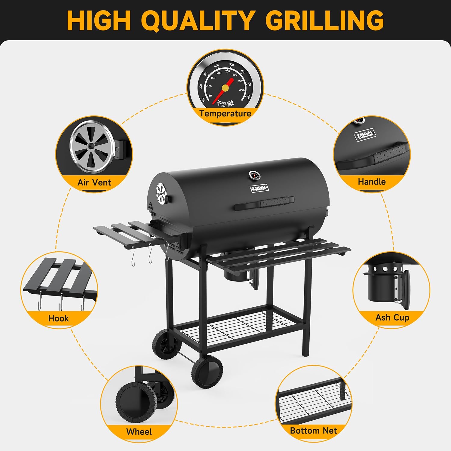 29' Barrel Charcoal Grill, Spacious Smoker Barrel Barbecue Grill with Side Front Table, Outdoor Barbecue Grills for Backyard, Camping, and Picnics, Black