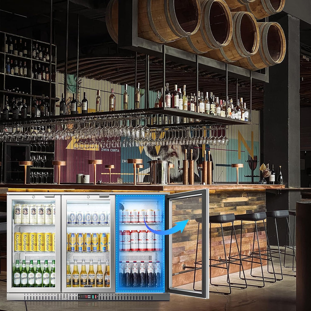BODEGA BODEGACOOLER Back Bar Cooler, 11.4 Cu.Ft Stainless Steel Commercial Bar Fridge with 3 Glass Doors,Counter Height Bar Beverage Cooler with LED Lighting for Beer,Soda Drinks,Wine