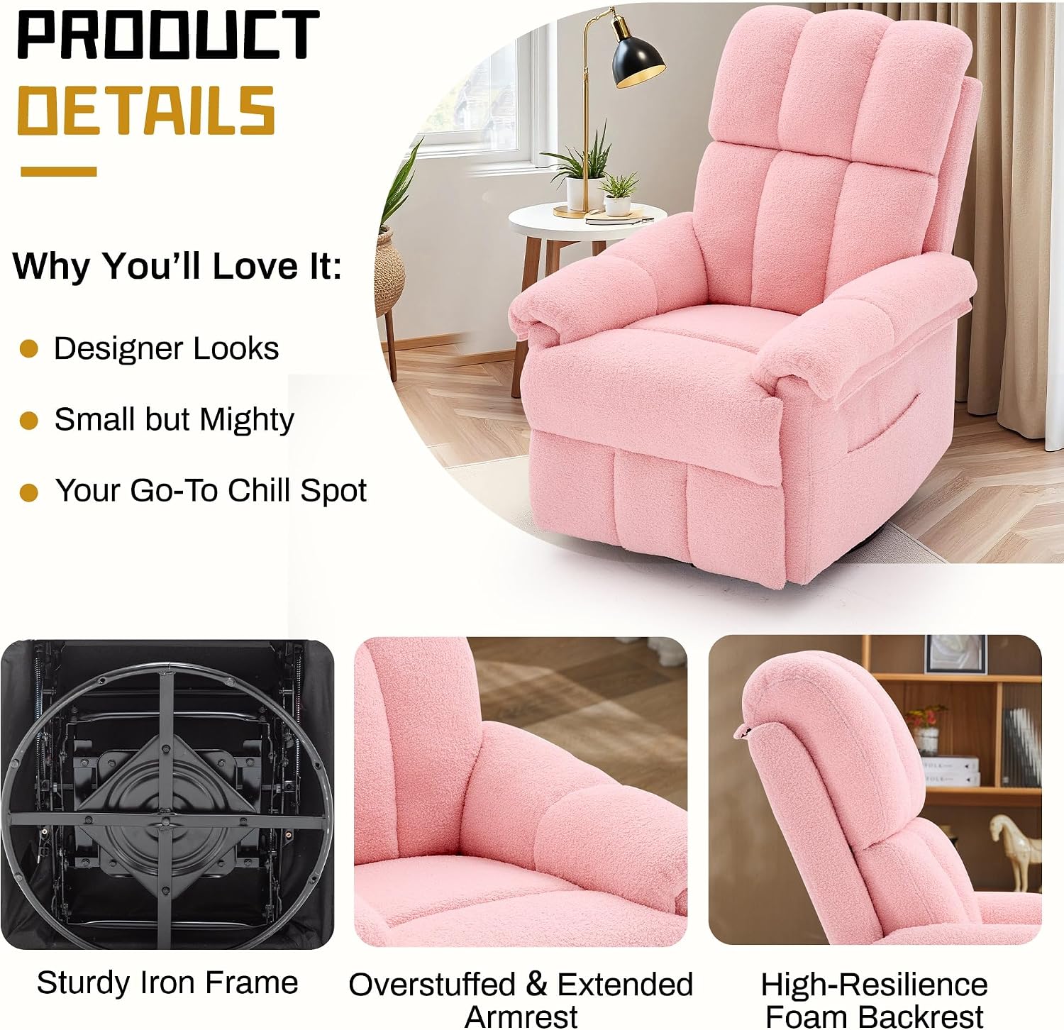 Korser Recliner Chair, Swivel Rocker Recliner Chair for Adults, Small Recliners for Small Spaces, Manual Recliner with Side Pockets, Upholstered Nursery Rocking Chair for Living Room, Sherpa, Pink