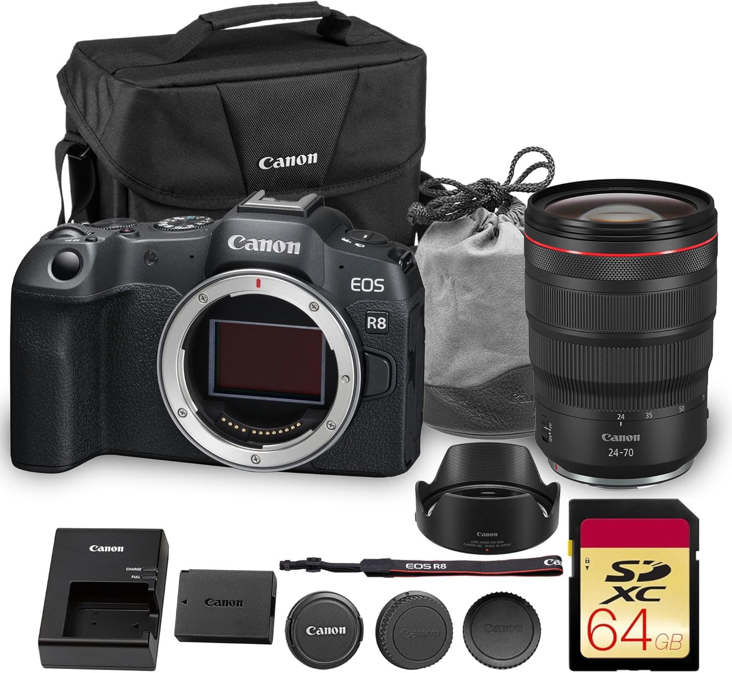 Canon EOS R8 Mirrorless Camera | 24.2MP Full Frame Sensor 4K 60p Video | Compact Lightweight Hybrid Camera for Travel and Content (3680C002) + Canon RF 24-70mm Lens + 64GB Card + Bag