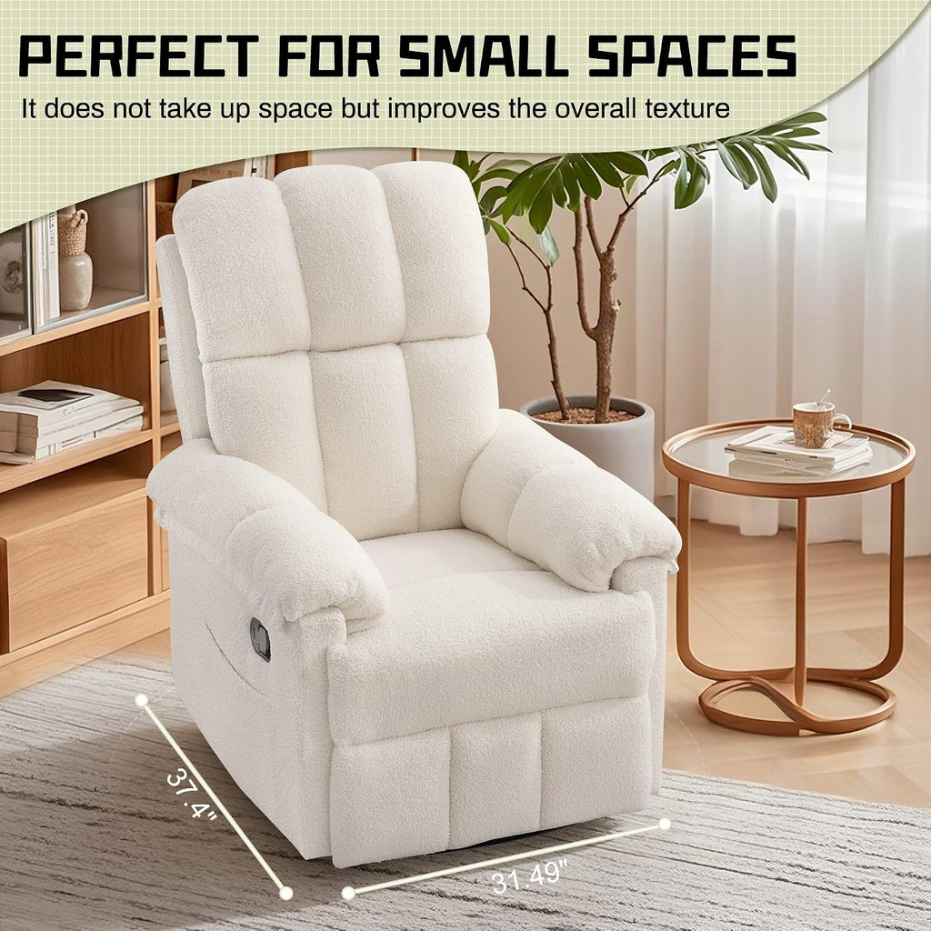 Korser Recliner Chair, Swivel Rocker Recliner Chair for Adults, Small Recliners for Small Spaces, Manual Recliner with Side Pockets, Upholstered Nursery Rocking Chair for Living Room, Sherpa, Beige