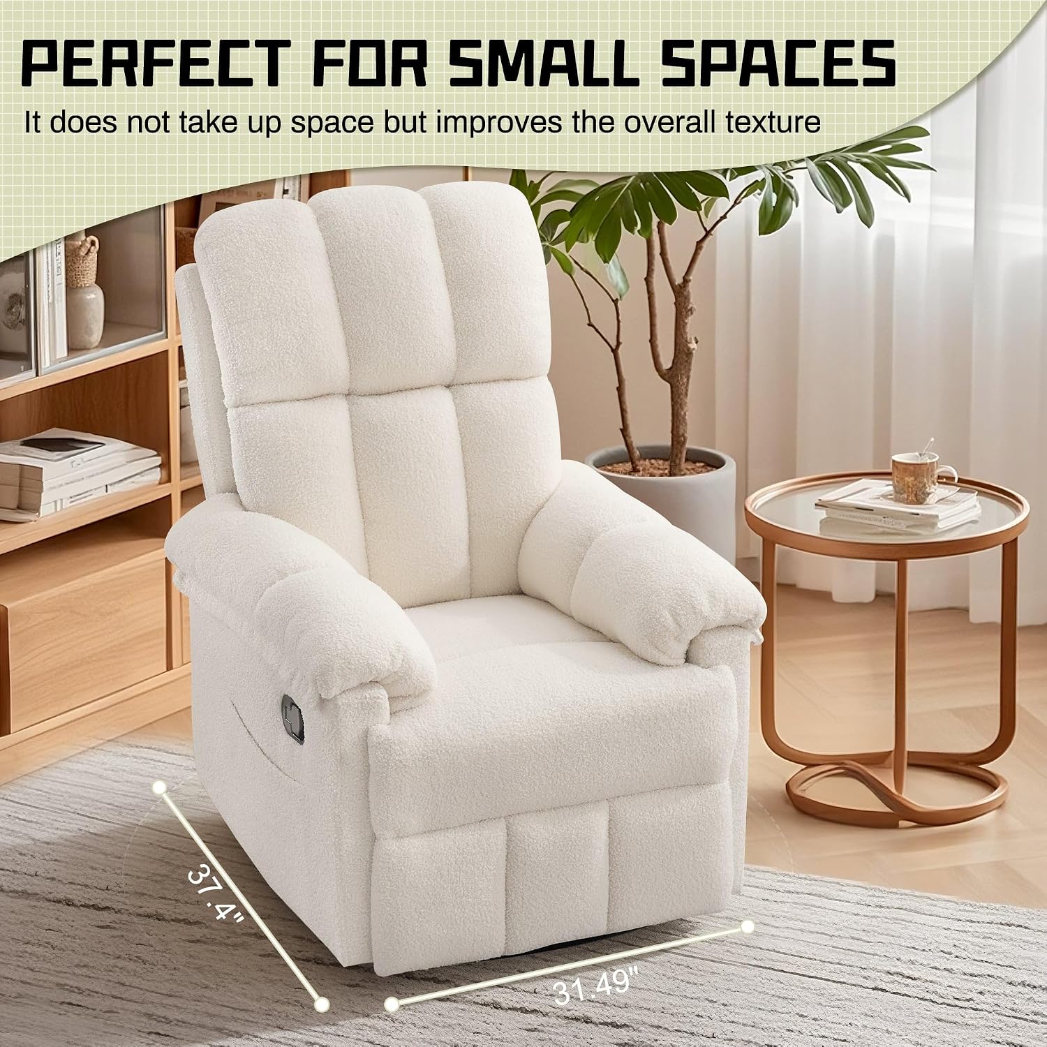 Korser Recliner Chair, Swivel Rocker Recliner Chair for Adults, Small Recliners for Small Spaces, Manual Recliner with Side Pockets, Upholstered Nursery Rocking Chair for Living Room, Sherpa, Beige
