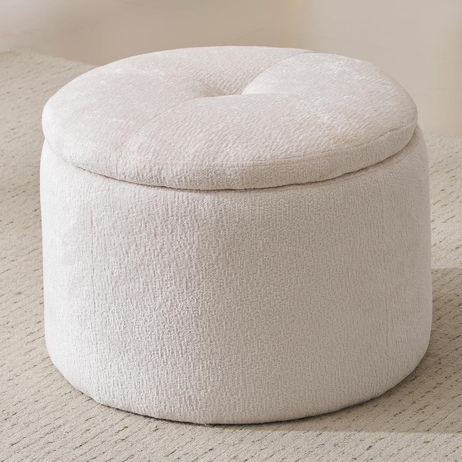Modern Round Storage Ottoman, Chenille Ottoman Foot Stools, Ottoman Footstool with Removable Lid, Storage Ottoman for Living Room, Multi-Functional Footrest, White