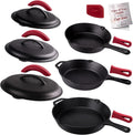 Cuisinel Cast Iron Skillets Set with Lids - 8'+10'+12'-inch Pre-Seasoned Covered Frying Pan Set + Silicone Handle and Lid Holders + Scraper/Cleaner - Indoor/Outdoor, Oven, Stovetop, Fire Safe Cookware