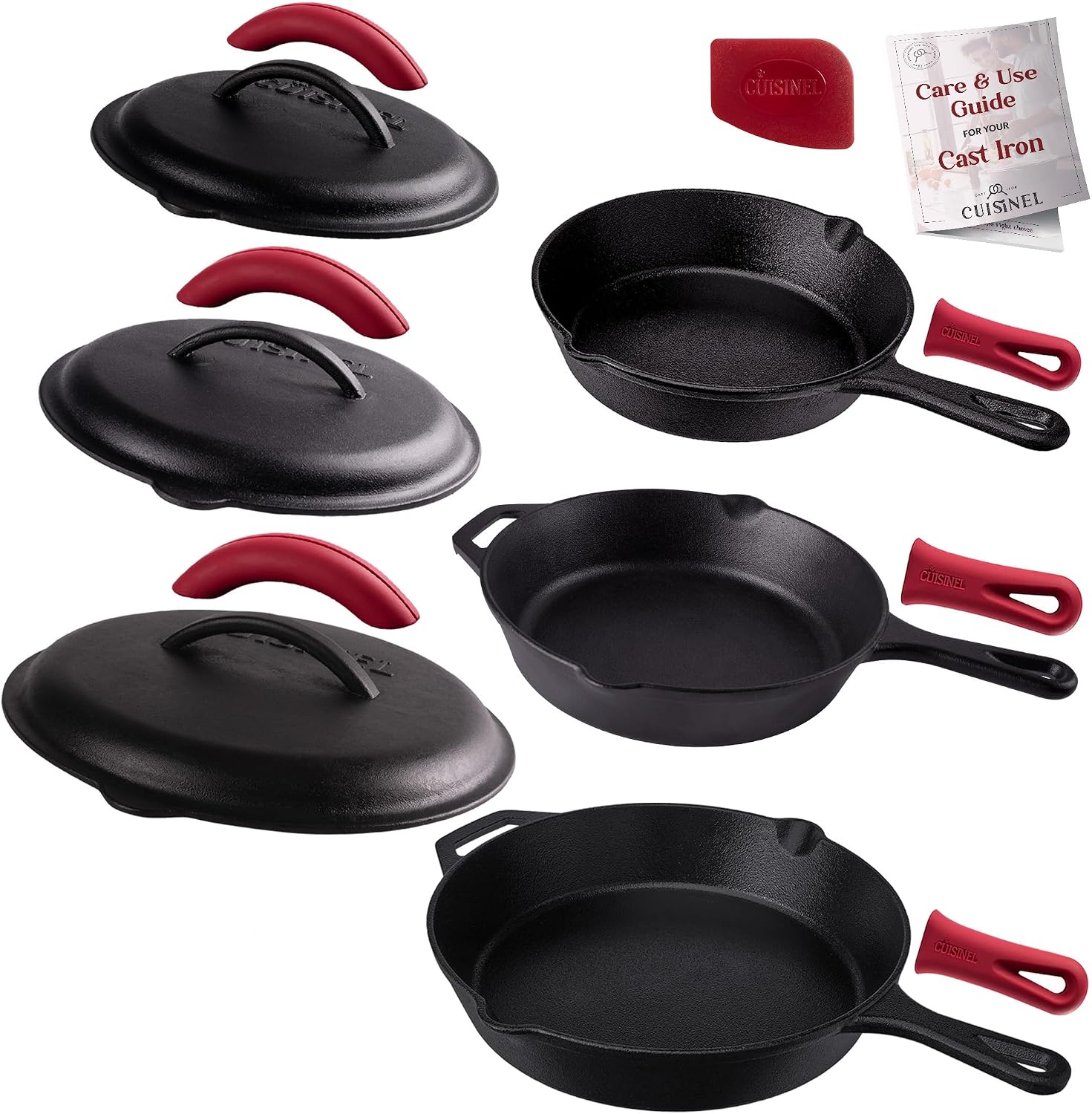 Cuisinel Cast Iron Skillets Set with Lids - 8'+10'+12'-inch Pre-Seasoned Covered Frying Pan Set + Silicone Handle and Lid Holders + Scraper/Cleaner - Indoor/Outdoor, Oven, Stovetop, Fire Safe Cookware