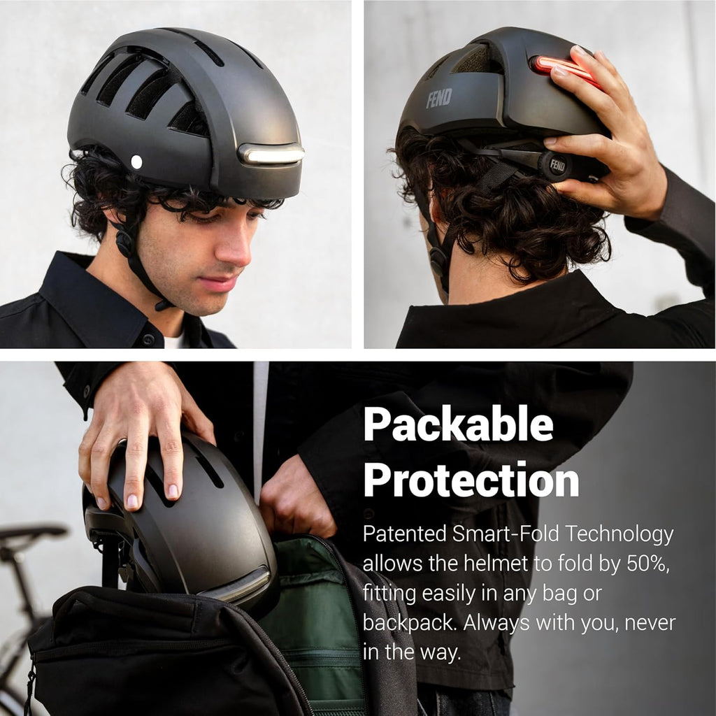 FEND Super Plus Folding Bike Helmet with Lights – Patented Smart-Fold 50% Compact Design, Ultra-Bright USB-C Front & Rear LEDs, CPSC/EN1078 Certified, for Adults, Commuters, E-Bikes, Scooters