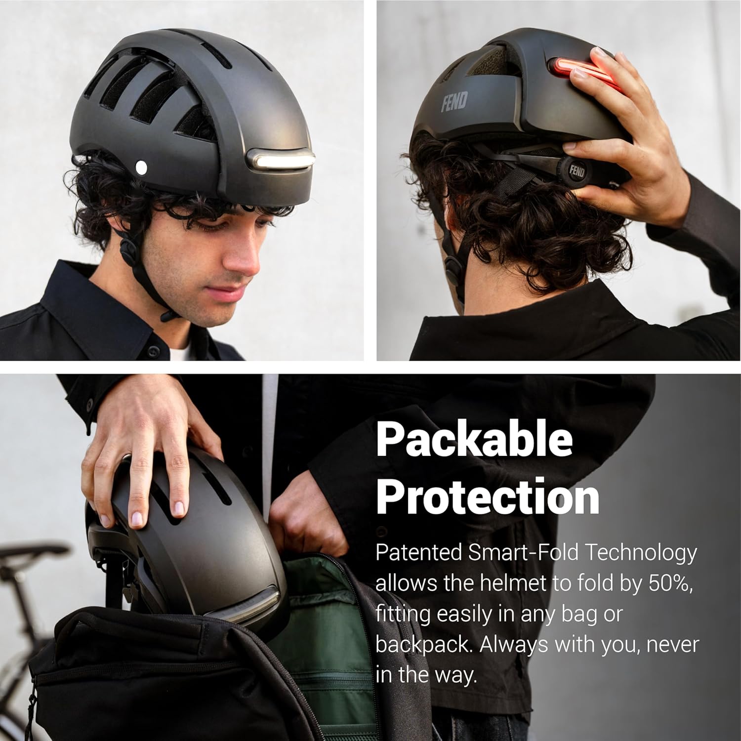 FEND Super Plus Folding Bike Helmet with Lights – Patented Smart-Fold 50% Compact Design, Ultra-Bright USB-C Front & Rear LEDs, CPSC/EN1078 Certified, for Adults, Commuters, E-Bikes, Scooters