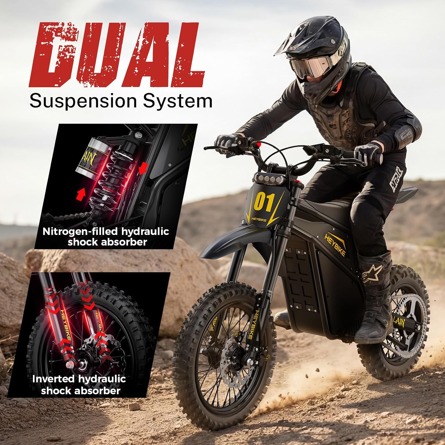 Heybike Villain Electric Dirt Bike with 4160W Motor 1352WH Battery, Up to 45 MPH, 50 Miles Range, 14'/12' Fat Tire Electric Bike with Hydraulic Brakes&Dual Suspension, Off-Road E-Bike