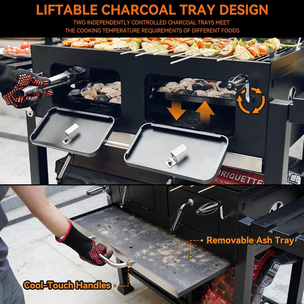 ONLYFIRE GRILLS Large BBQ Charcoal Grill with Cart & 2 Liftable Charcoal Trays, 794 SQ.IN Cooking Area, Heavy Duty Outdoor Barbecue Grill with Foldable Side Tables, Wheels & Cover, GS339