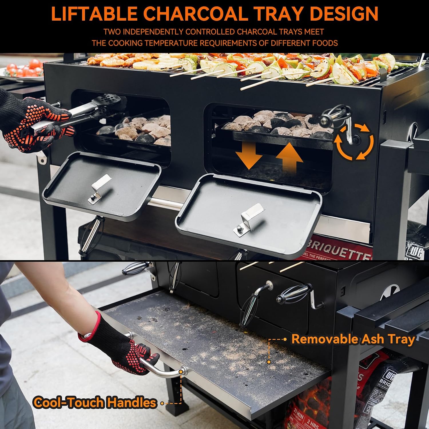 ONLYFIRE GRILLS Large BBQ Charcoal Grill with Cart & 2 Liftable Charcoal Trays, 794 SQ.IN Cooking Area, Heavy Duty Outdoor Barbecue Grill with Foldable Side Tables, Wheels & Cover, GS339