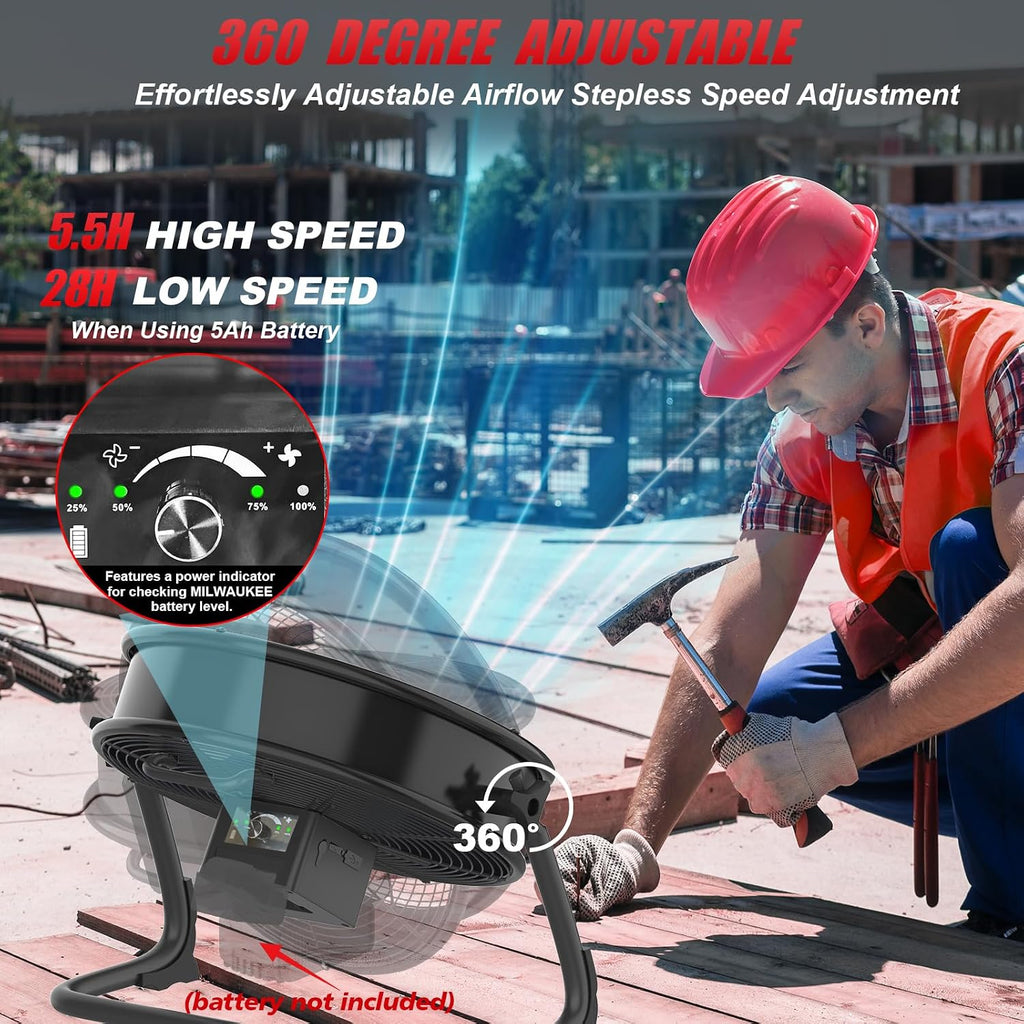 16' Battery Operated Floor Fan Compatible with Milwaukee M18 18V Battery, Portable Fan with AC Adapter and USB Output, Metal Industrial High Velocity, Stepless Speed Cordless Fan for Jobsite Garage