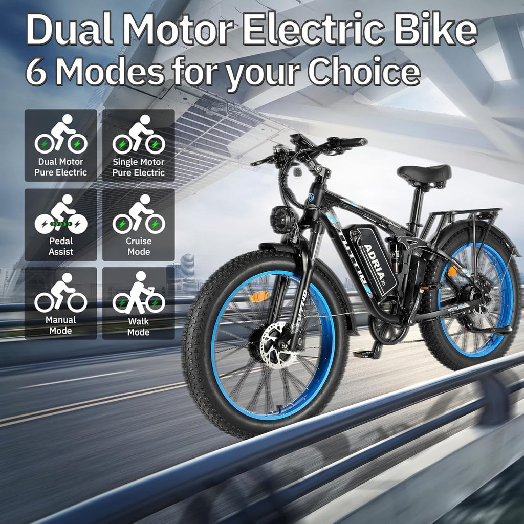 TUTTIO Adria26 5000W/6000W Dual Motor Ebike, 40-46MPH Electric Bike for Adults, 26' x 4' Fat Tire Electric Mountain Bike, 52V 25AH E-Bike Full Suspension Electric Dirt Bike for Off-Road Hunting