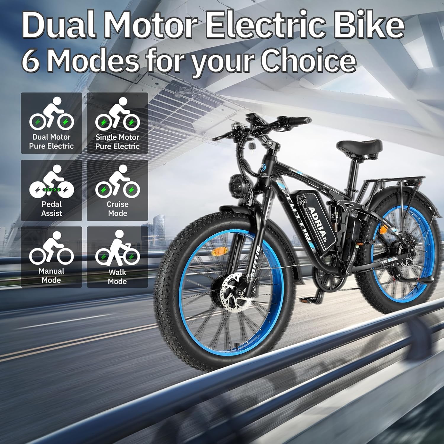 TUTTIO Adria26 5000W/6000W Dual Motor Ebike, 40-46MPH Electric Bike for Adults, 26' x 4' Fat Tire Electric Mountain Bike, 52V 25AH E-Bike Full Suspension Electric Dirt Bike for Off-Road Hunting