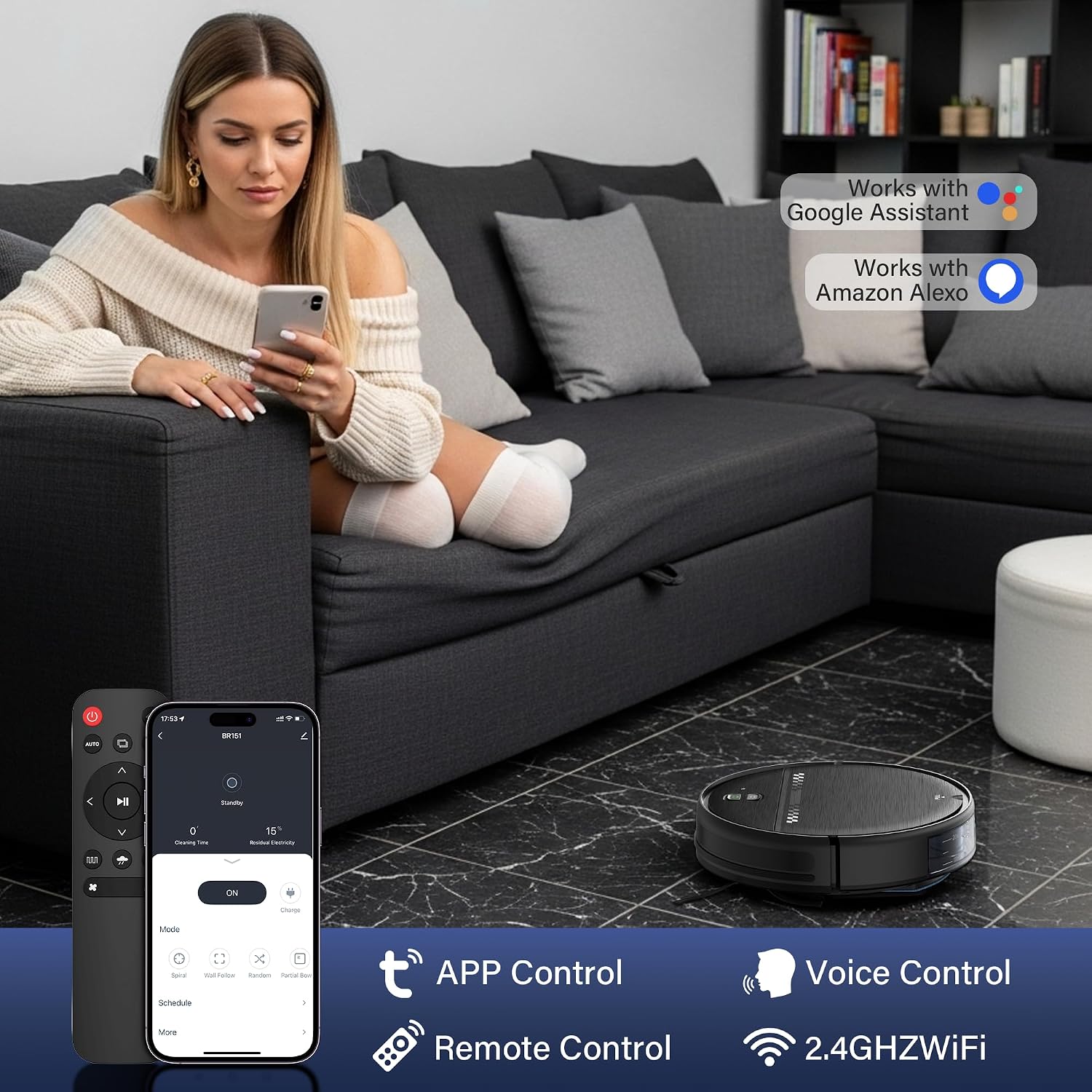 Robot Vacuum and Mop for Pet Hair, 2-in-1 Robot Vacuum Cleaner for Hard Floors&Carpets with 2.87'' Slim Design, Wi-Fi/App/Voice Control, 3D Obstacle Avoidance & Self-Charging