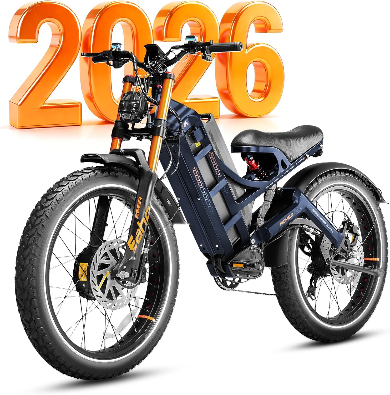 2026 eAhora Romeo Pro 3 Electric Bike for Adult, Peak 5600W Dual Motor, 50mph, 60V 80Ah Battery, 250 Miles Long Range, 26'*4.0 Fat Tire, Air Suspension, App, Commute, Delivery, All-terrian