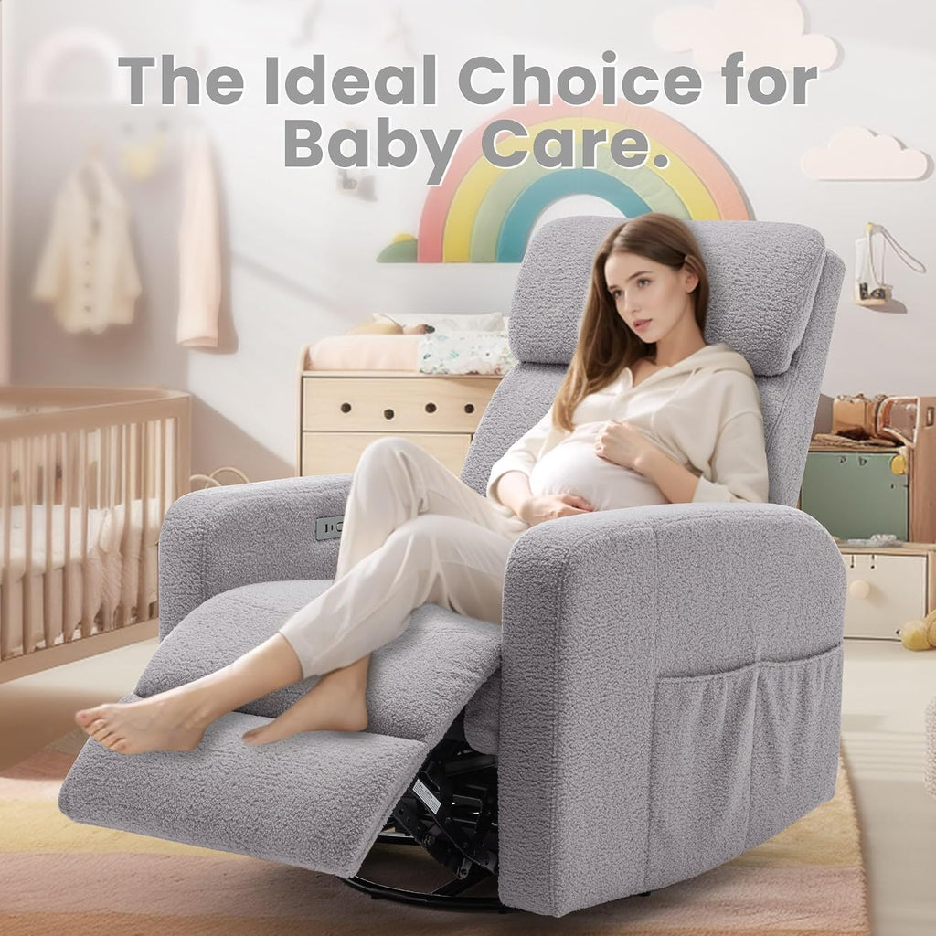 Korser Power Swivel Recliner Chairs for Adults, Electric Glider Rocking Chair Nursery, Glider Recliner Nursery Chair with Classified Side Pocket, Nursery Rocking Chairs with USB and Type-C Ports