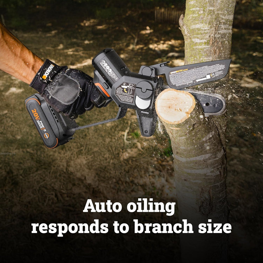 Worx 20V Cordless 5' Pruning Saw, Brushless Mini Chainsaw Cordless, Lightweight Electric Chainsaw 33 ft/s, Handheld Battery Chainsaw w/Tool-Less Chain Replacement Power Share WG325.9 – Tool Only