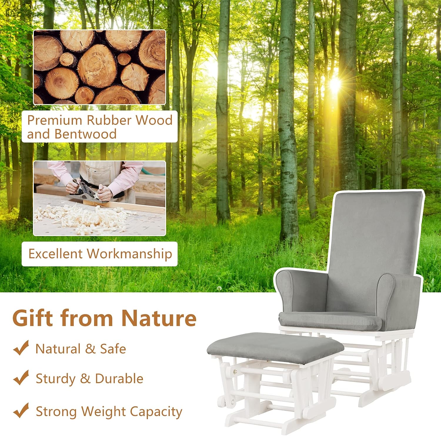 Costzon Glider and Ottoman Set, Wood Baby Rocker Nursery Furniture for Napping Reading Nursing, Cleanable Upholstered Comfort Rocking Nursery Chair with Detachable Cushion (Light Gray)