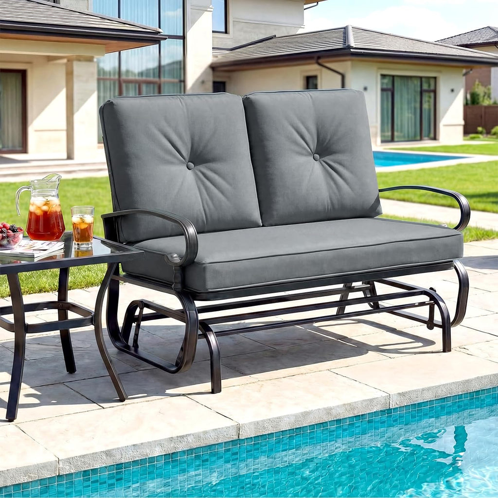 Giantex Outdoor Glider Bench, Patio 2 Person Loveseat with Removable Cushion, Thick Padded Seat, Stable Steel Frame, 400Lbs Capacity, Outside Glider Swing Chair for Deck, Poolside, Yard, Porch (Grey)