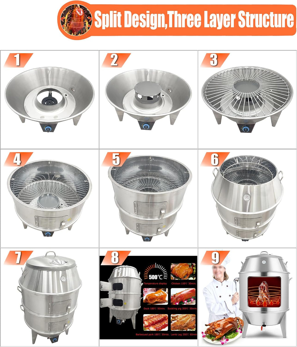 Commercial Roast Duck Oven, 2800PA LP Gas Duck Roaster, 31.5x31.5x55in Stainless Steel Grill with Reducing Valve, Hooks & Pins, for Beijing Duck, BBQ, Commercial Barbecue