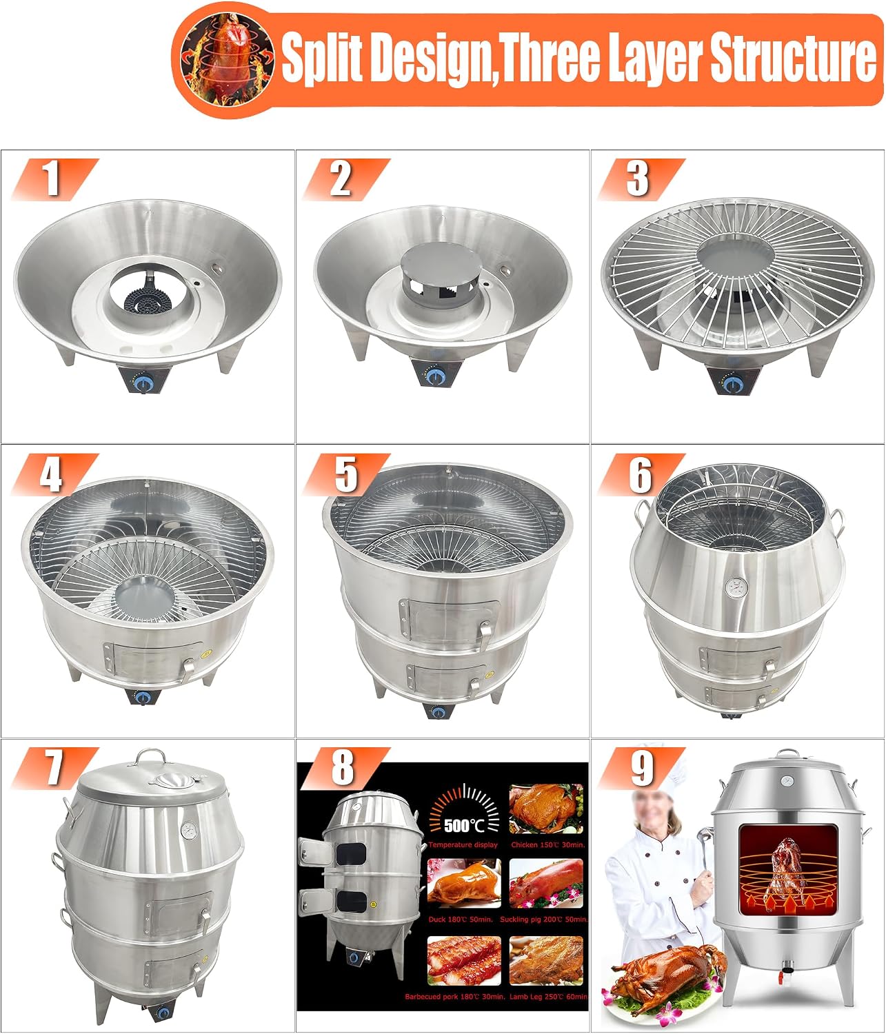 Commercial Roast Duck Oven, 2800PA LP Gas Duck Roaster, 31.5x31.5x55in Stainless Steel Grill with Reducing Valve, Hooks & Pins, for Beijing Duck, BBQ, Commercial Barbecue
