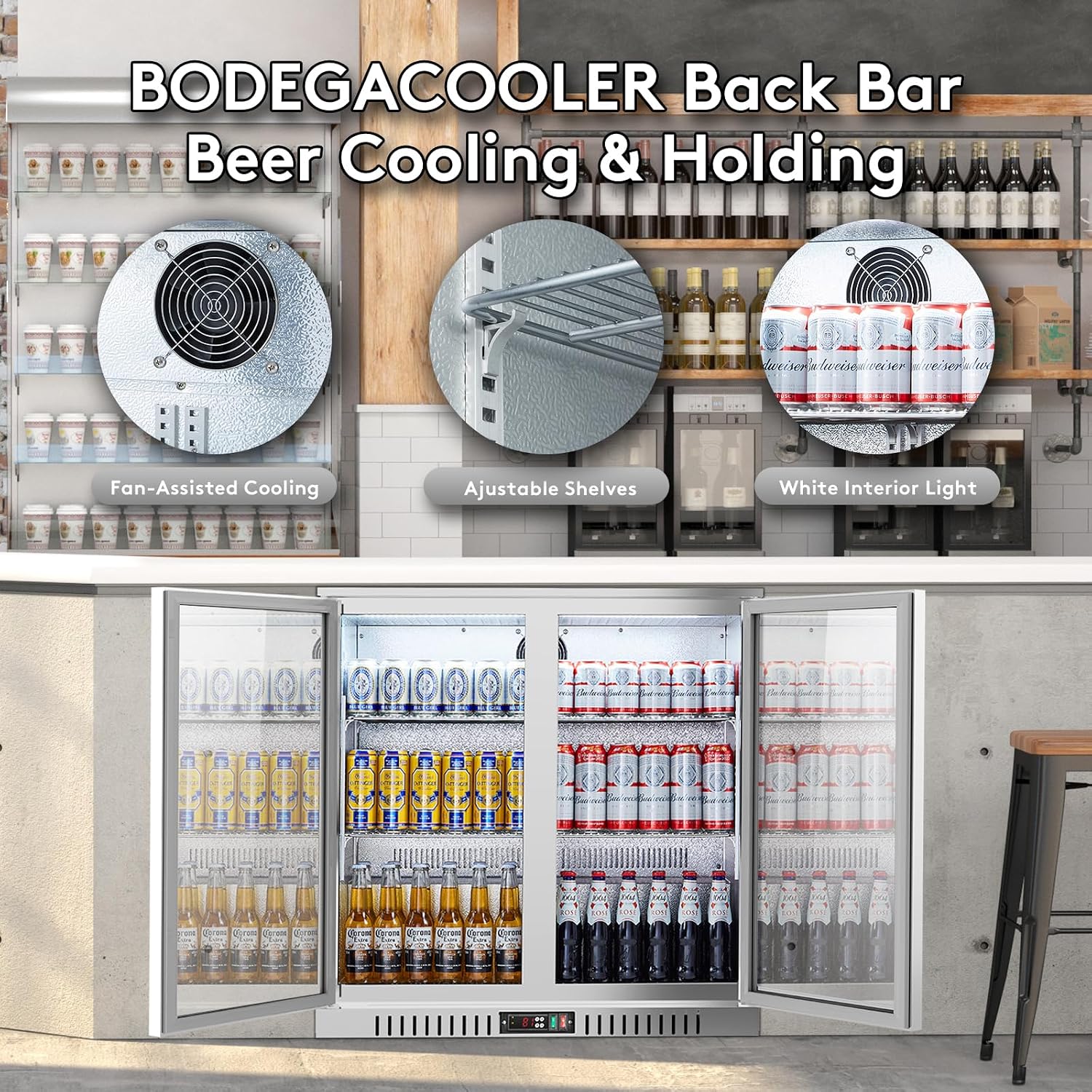 BODEGA BODEGACOOLER Back Bar Cooler With 2 Glass Doors,7.4 Cu.Ft Stainless Steel Commercial Back Bar Fridgewith LED Lighting, Counter Height Bar Beverage Cooler for Beer,Soda Drinks,Wine