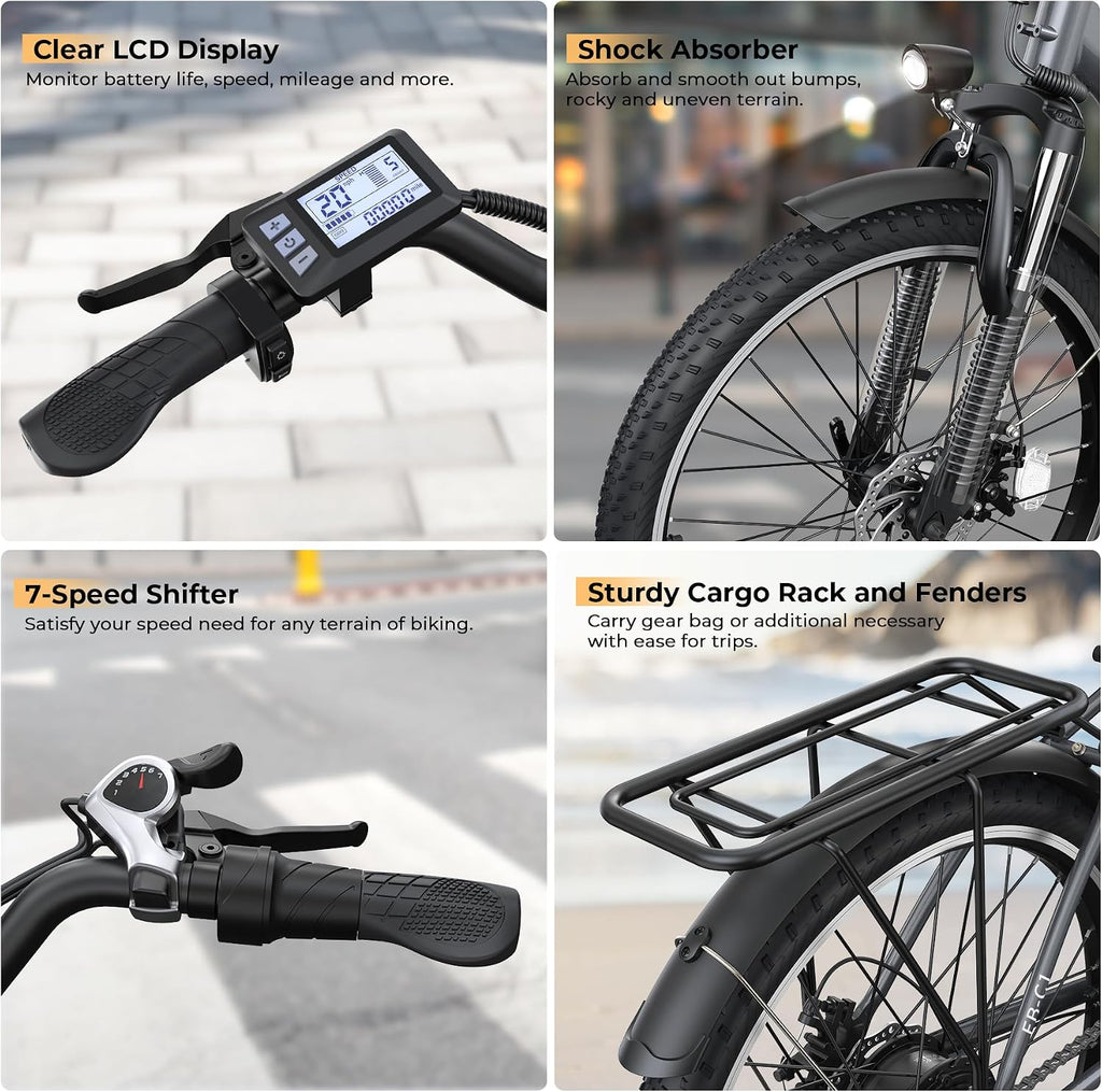 Electric Bike for Adults, Peak 1000W Ebike, 50Miles 20MPH UL 2849 Certified Commuter Bike, 26'' City Cruiser Bicycle with 48V Removable Battery, Rear Rack, Adjustable Stem, 7 Speed