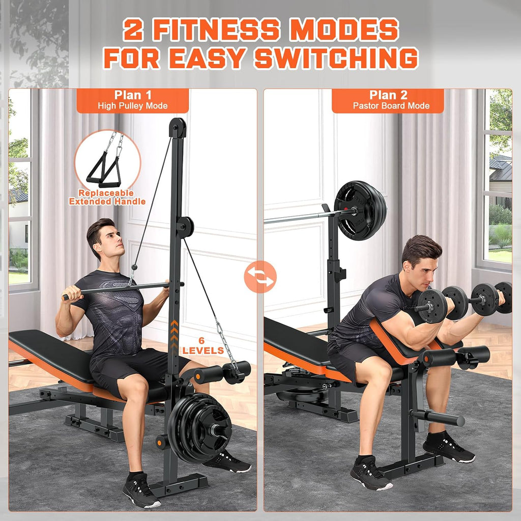 9-in-1 Adjustable Olympic Weight Bench with Lat Pulldown, Row, Squat Rack & Leg Curl – Multi-Function Strength Training Bench Press for Home Gym Full Body Workout