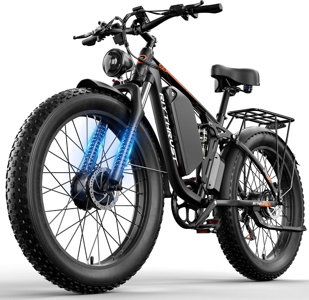 Updated Electric Bike for Adults 5000W Peak Dual Motor Ebike, 52V 32Ah Battery, 45MPH 26' Fat Tire Electric Bicycle, 6 Riding Modes, Full Suspension Electric Mountain Bike for Off Road Snow Sand